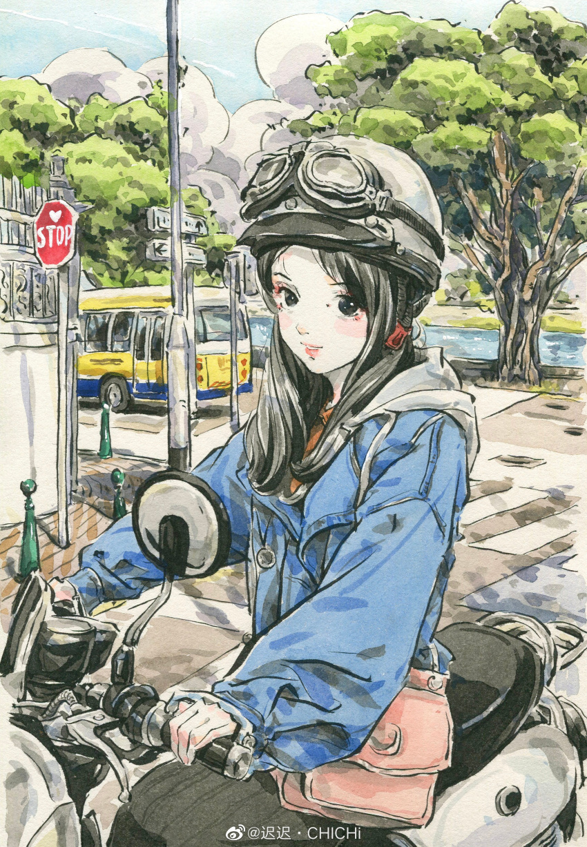 1girl absurdres bag black_hair blue_jacket blush bus chichi_chichi clouds crosswalk ground_vehicle handbag helmet highres jacket looking_at_viewer motor_vehicle motorcycle motorcycle_helmet original riding river road road_sign sign sitting smile solo stop_sign street tree upper_body