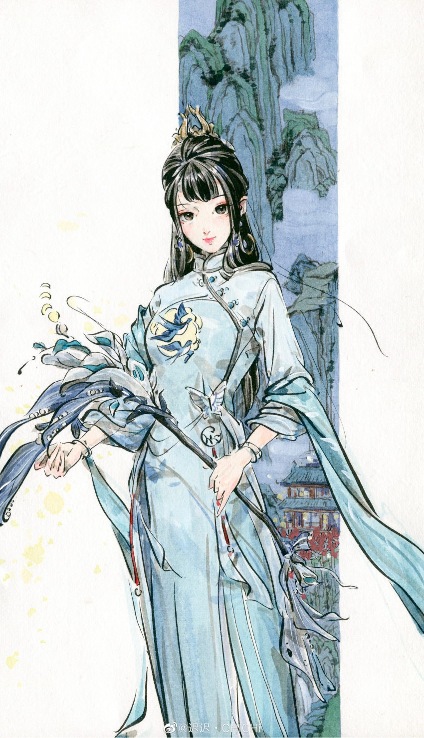 1girl absurdres black_hair blue_dress bracelet building chichi_chichi chinese_clothes dress flower hair_ornament highres jewelry long_sleeves mountain painting_(medium) solo traditional_media