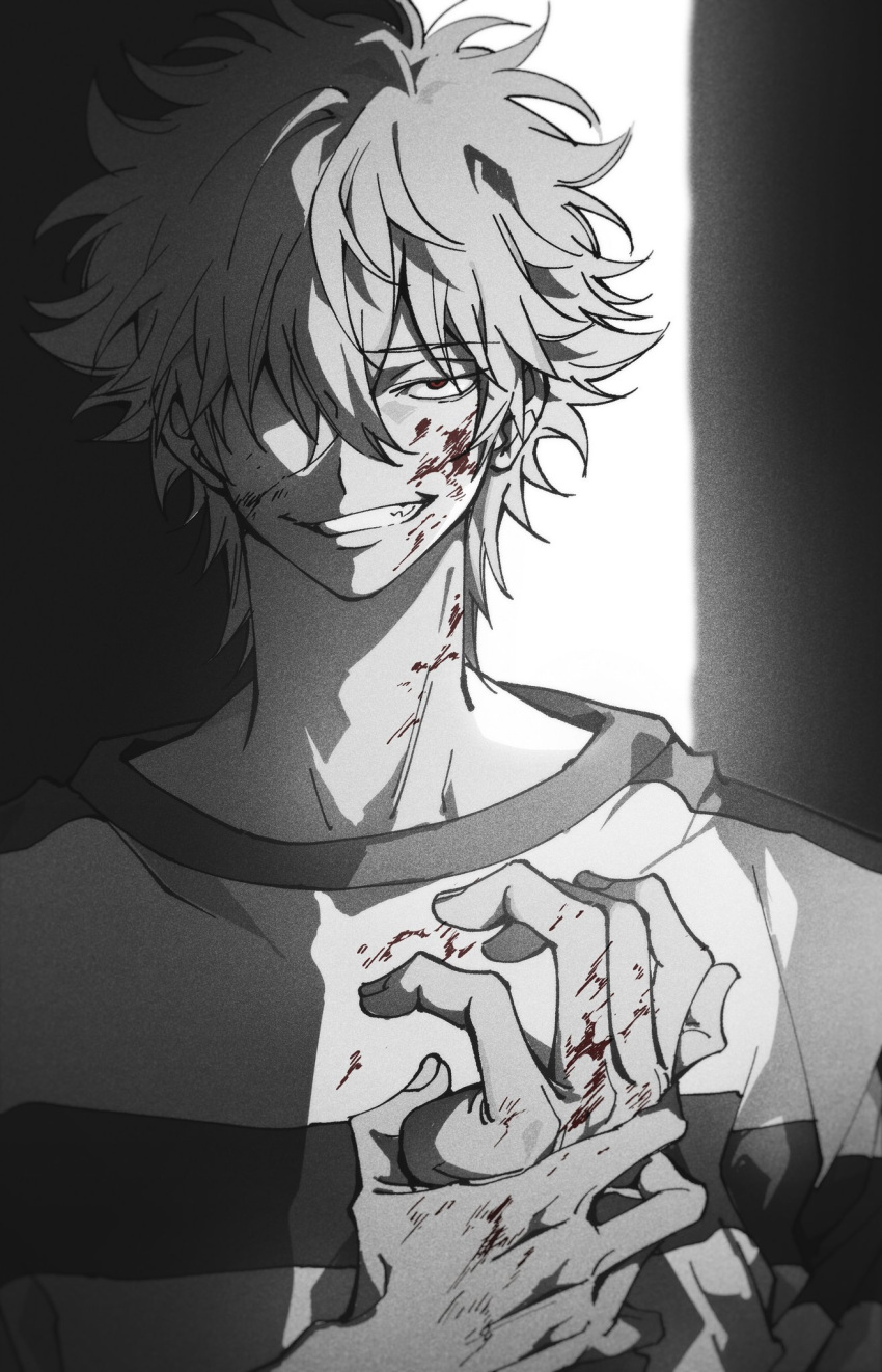 1boy blood blood_on_face blood_on_hands gintama grin hand_up highres male_focus one_eye_covered prison_clothes sakata_gintoki smile solo spot_color ziyizhengjun