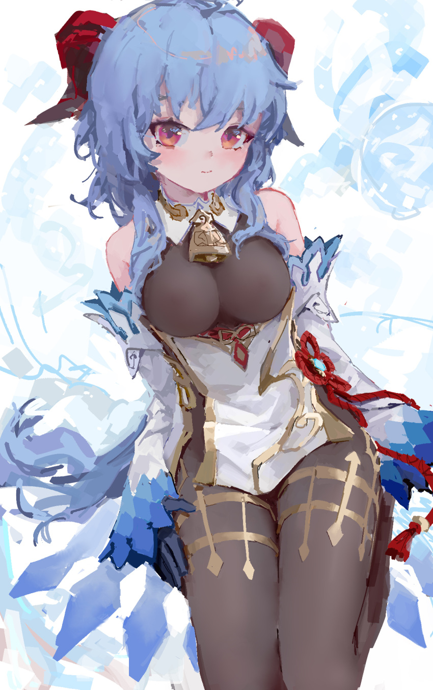 1girl bangs bare_shoulders bell blue_gloves blue_hair breasts brown_legwear curled_horns detached_sleeves ganyu_(genshin_impact) genshin_impact gloves gold_trim highres horns leotard leotard_under_clothes long_hair looking_at_viewer medium_breasts multicolored_eyes neck_bell pantyhose red_rope reddizen rope seiza sidelocks sitting solo thighlet thighs very_long_hair vision_(genshin_impact) white_sleeves