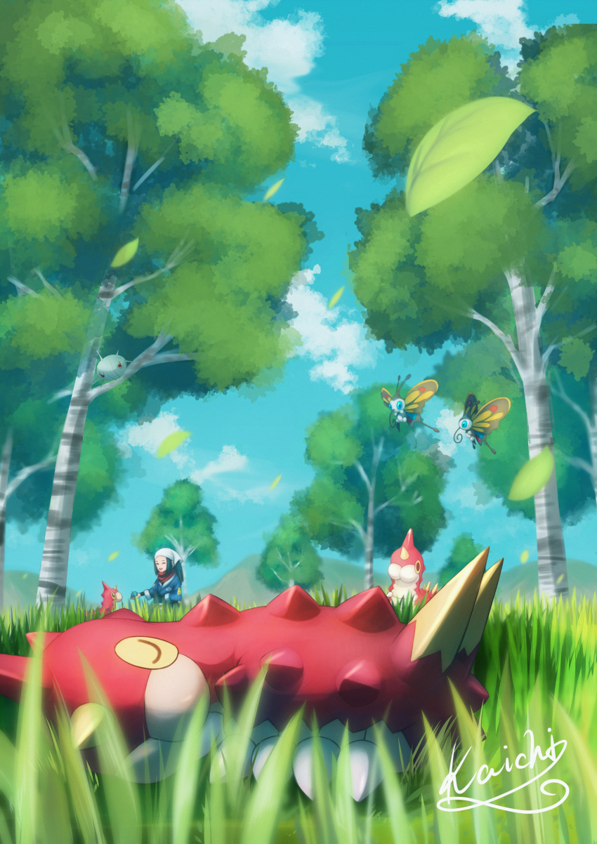 1girl absurdres akari_(pokemon) beautifly black_hair black_shirt blue_jacket blurry closed_eyes clouds commentary_request day evolutionary_line falling_leaves grass head_scarf highres holding jacket kaichi_(tomiyu25) leaf logo long_hair lying open_mouth outdoors pokemon pokemon_(game) pokemon_legends:_arceus red_scarf scarf shirt signature sky sleeping smile tree white_headwear wurmple