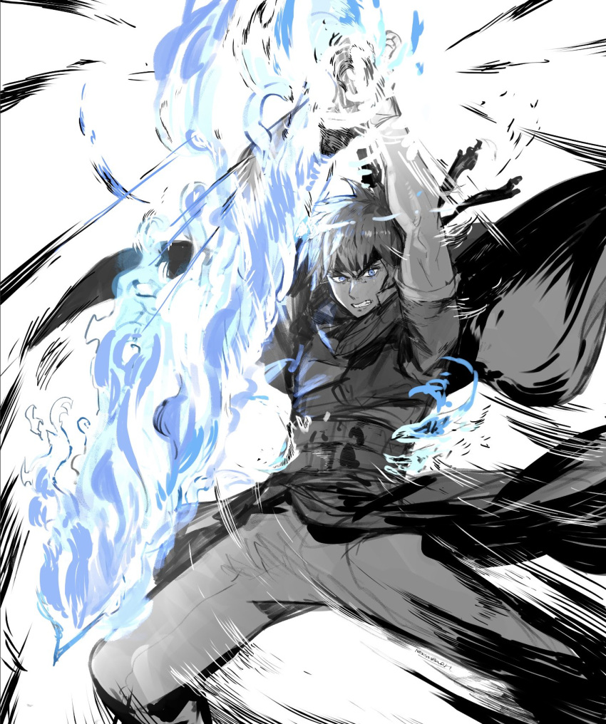 1boy blue_eyes blue_fire cape cape_lift clothes_lift fire fire_emblem fire_emblem:_path_of_radiance flaming_sword flaming_weapon frown greyscale headband highres ike_(fire_emblem) looking_at_viewer male_focus monochrome muscular muscular_male pants shirt_lift solo spiky_hair teeth weapon yourfreakyneighbourh