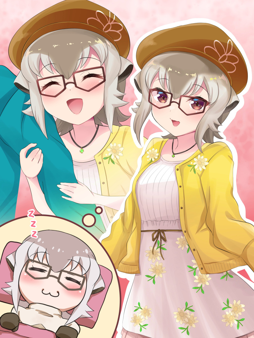 2girls :3 =_= absurdres beret blanket blush captain_(kemono_friends) clinging closed_eyes commentary dreaming esuyukichin floral_print futon glasses green_hoodie hat highres hood hoodie imagining jacket jewelry kemono_friends kemono_friends_3 locked_arms meerkat_(kemono_friends) meerkat_ears meerkat_tail multiple_girls necklace official_alternate_costume sleeping smile thought_bubble two-tone_sweater under_covers yellow_jacket yuri zzz