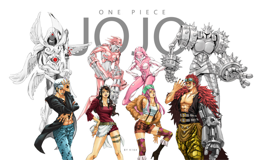 2boys 2girls araki_hirohiko_(style) baby_5 black_hair coat dress eustass_captain_kid fur_coat hat highres jewelry_bonney jojo_no_kimyou_na_bouken k164 long_hair multiple_boys multiple_girls one_piece parody pink_hair pose redhead short_dress shorts stand_(jojo) standing style_parody thigh_strap trafalgar_law