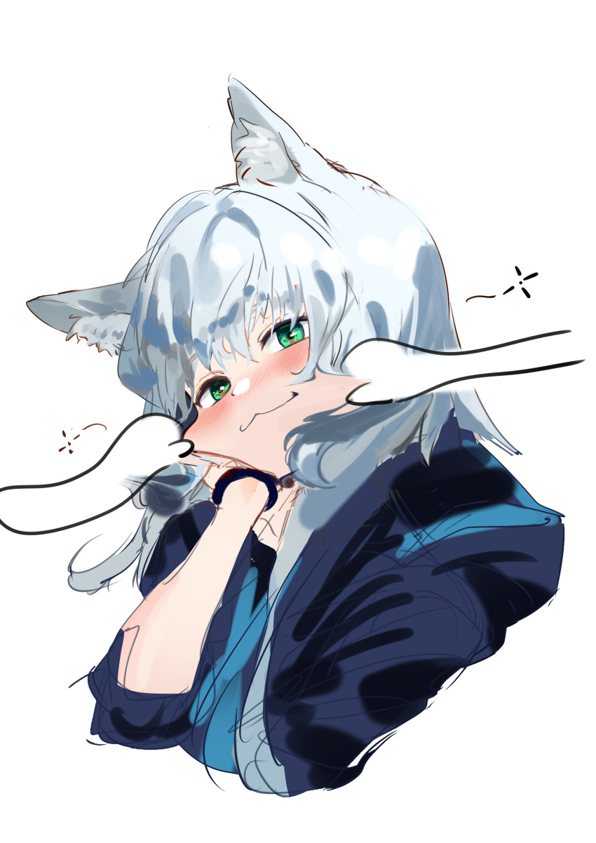 1girl 1other absurdres animal_ear_fluff animal_ears arknights bangs black_jacket blush cat_ears cheek_pull closed_mouth commentary_request cropped_torso eyebrows_visible_through_hair green_eyes grey_hair hair_between_eyes hand_up head_tilt highres hood hood_down hooded_jacket jacket looking_at_viewer rosmontis_(arknights) simple_background sketch smile solo_focus uh9 upper_body white_background