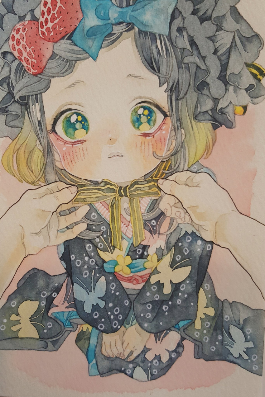 1girl 1other animal_print benko black_hair blonde_hair blush bonnet bow butterfly_print commentary_request food-themed_hair_ornament frills gradient_hair green_eyes hair_bow hair_ornament highres japanese_clothes kimono lolita_fashion looking_at_viewer multicolored_hair obi original own_hands_together painting_(medium) pov pov_hands print_kimono sash seiza sitting strawberry_hair_ornament traditional_media tying wa_lolita watercolor_(medium)