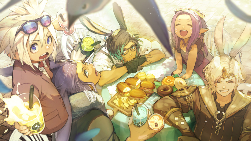 1girl 4boys animal_ears avatar_(ff14) bangs black-framed_eyewear black_hair blue_eyes carrying circlet closed_eyes cup doughnut dress drinking_glass drinking_straw earrings eyewear_on_head final_fantasy final_fantasy_xiv fingerless_gloves food gloves hair_between_eyes hide_(hideout) highres jewelry lalafell long_hair looking_at_viewer multicolored_hair multiple_boys necktie open_mouth pointy_ears purple_hair rabbit_ears sandwich short_hair shoulder_carry sitting smile sunglasses table two-tone_hair viera white_hair