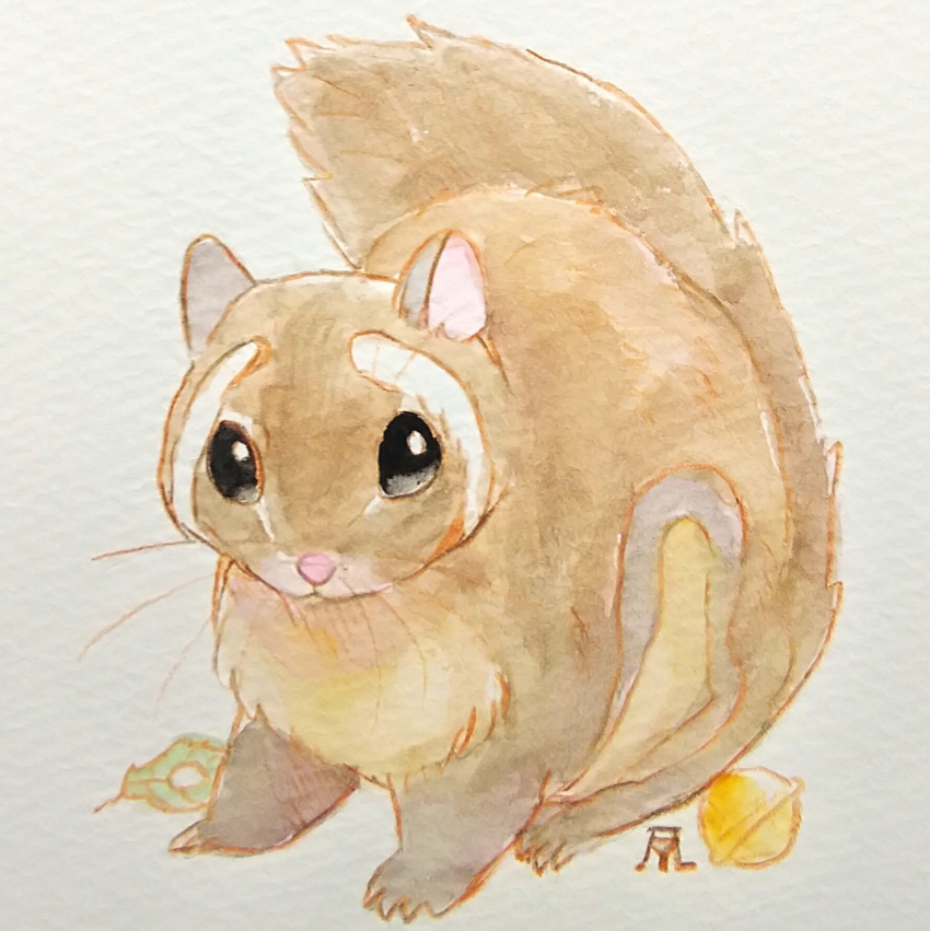 animal animal_focus bell commentary_request fluefluekoubo26 highres jingle_bell leaf looking_at_viewer no_humans original painting_(medium) signature simple_background squirrel tail_raised traditional_media watercolor_(medium) whiskers white_background