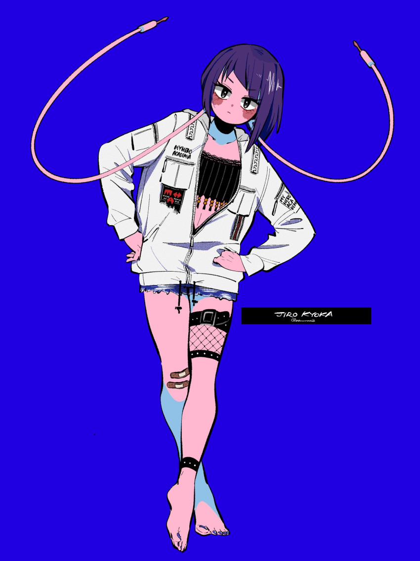 1girl absurdres ankleband anna_(aannnaa3) audio_jack bandaid bandaid_on_knee bandaid_on_leg bangs barefoot belt black_belt black_eyes black_tube_top blue_background blue_shorts blunt_bangs blush boku_no_hero_academia character_name closed_mouth commentary_request copyright_name drawstring error fishnets full_body hands_on_hips highres jacket jirou_kyouka long_sleeves looking_at_viewer midriff partially_unzipped purple_hair purple_nails short_hair shorts simple_background solo standing strapless thigh_belt thigh_strap tube_top twitter_username white_jacket wrong_feet