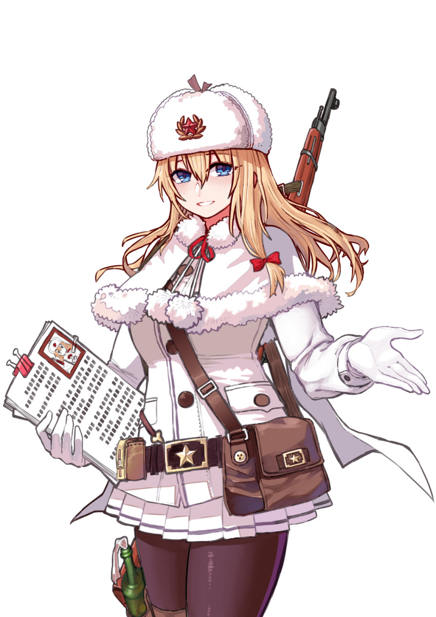 1girl black_legwear blonde_hair blue_eyes bolt_action cowboy_shot fur-trimmed_shawl fur_hat girls_frontline gloves gun hat highres jacket long_hair long_sleeves miniskirt molotov_cocktail mosin-nagant mosin-nagant_(girls'_frontline) pantyhose pleated_skirt red_star rifle shawl skirt solo standing ushanka weapon white_gloves white_headwear white_jacket white_shawl white_skirt z.s.w.