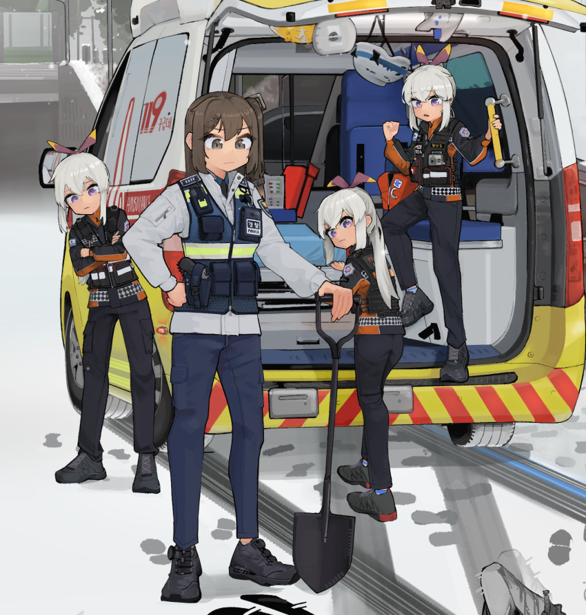 4girls ambulance black_footwear black_pants black_shirt blue_pants brown_hair commentary_request dongdong_(0206qwerty) footprints girls_frontline ground_vehicle highres holding holding_shovel k2_(girls'_frontline) long_hair long_sleeves motor_vehicle multiple_girls outdoors pants paramedic patch police police_uniform policewoman shirt shoes shovel snow south_korea south_korean_flag uniform usas-12_(girls'_frontline) white_hair white_shirt winter
