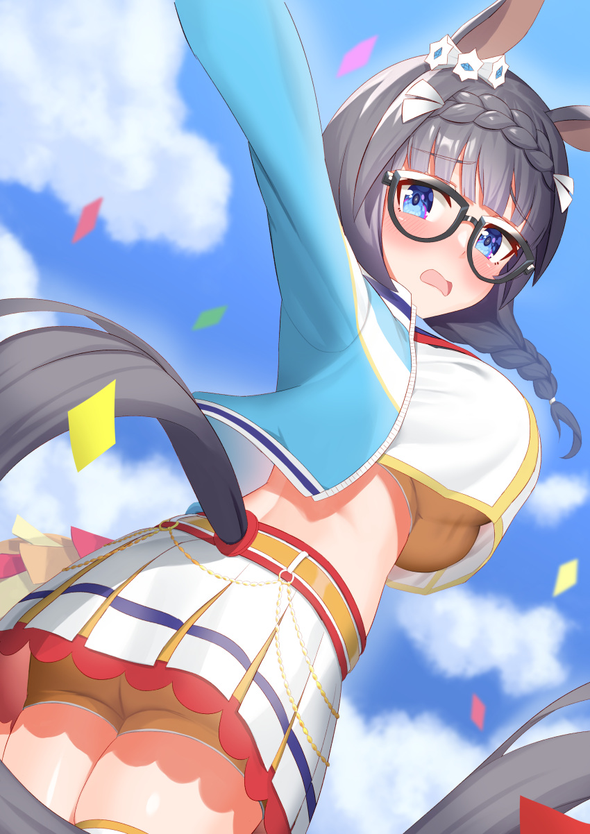 absurdres animal_ears black_hair blue_eyes blush breasts cheerleader clouds confetti factory314 glasses highres horse_ears horse_girl jacket large_breasts looking_at_viewer medium_hair open_mouth shorts sky umamusume zenno_rob_roy_(umamusume)