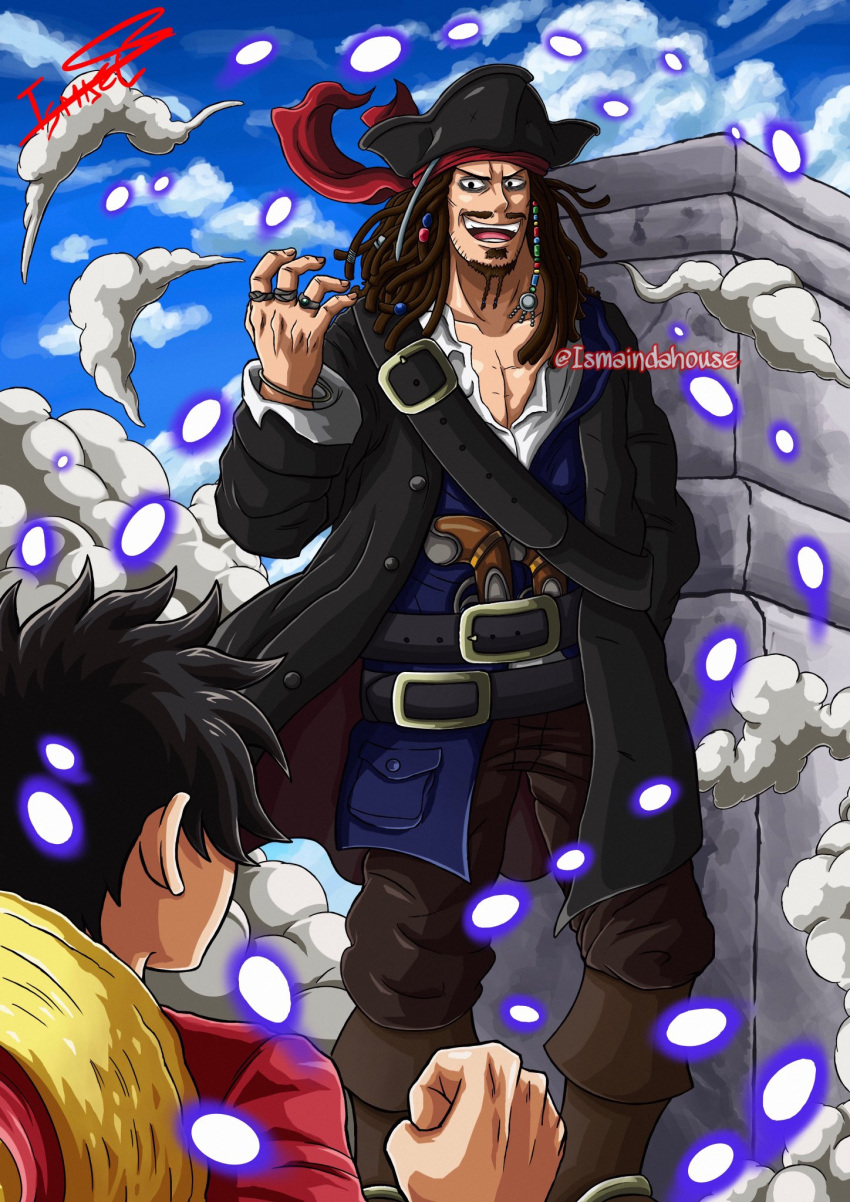 2boys artist_name crossover hat highres ismaindahouse jack_sparrow jewelry long_hair looking_at_another male_focus monkey_d._luffy multiple_boys one_piece open_mouth pirate_costume pirate_hat pirates_of_the_caribbean ring smile