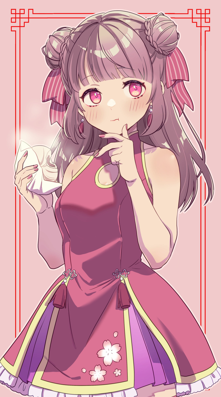 1girl absurdres bangs baozi blunt_bangs blush bow brown_hair china_dress chinese_clothes double_bun dress etra-chan_wa_mita! etra_(etra-chan_wa_mita!) fingernails food hair_bow highres holding holding_food looking_at_viewer nyako_(lhq3p) red_bow red_dress red_eyes short_hair sleeveless sleeveless_dress solo virtual_youtuber