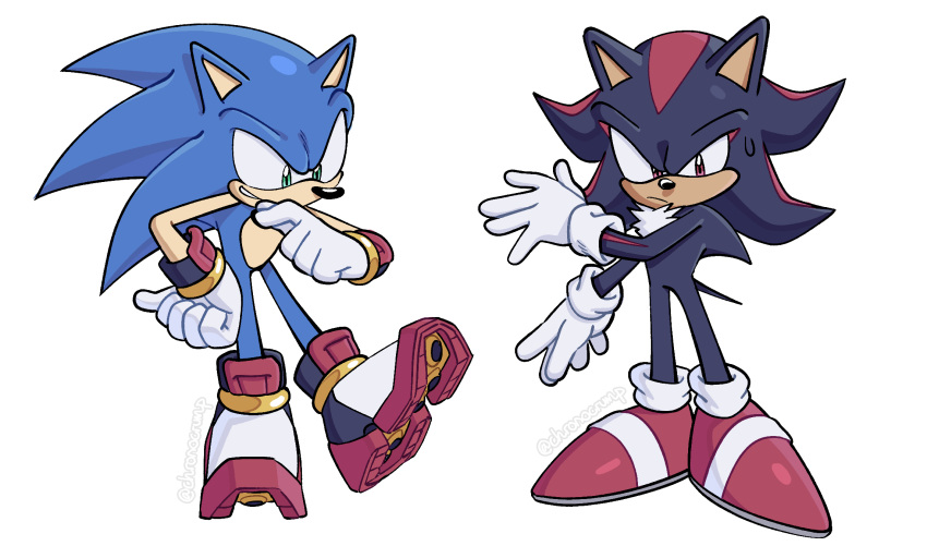 2boys artist_name black_fur blue_fur chronocrump gauntlets gloves green_eyes hand_on_hip highres legband male_focus multicolored_fur multiple_boys pointy_nose red_eyes red_fur shadow_the_hedgehog shoes smirk sonic_(series) sonic_the_hedgehog spiky_hair sweat sweatdrop twitter_username wristband