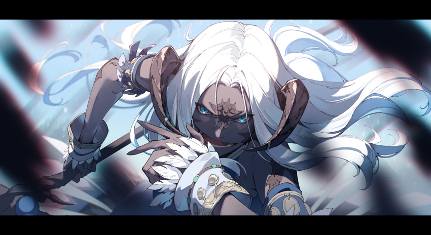 1girl armlet au_ra black_horns black_skin blue_eyes blurry blurry_background blurry_foreground colored_skin dragon_horns final_fantasy final_fantasy_xiv highres holding holding_staff horn_ornament horn_ring horns letterboxed long_hair looking_at_viewer open_mouth sadu_dotharl scales sleeveless solo staff white_hair wrist_cuffs zinnkousai3850