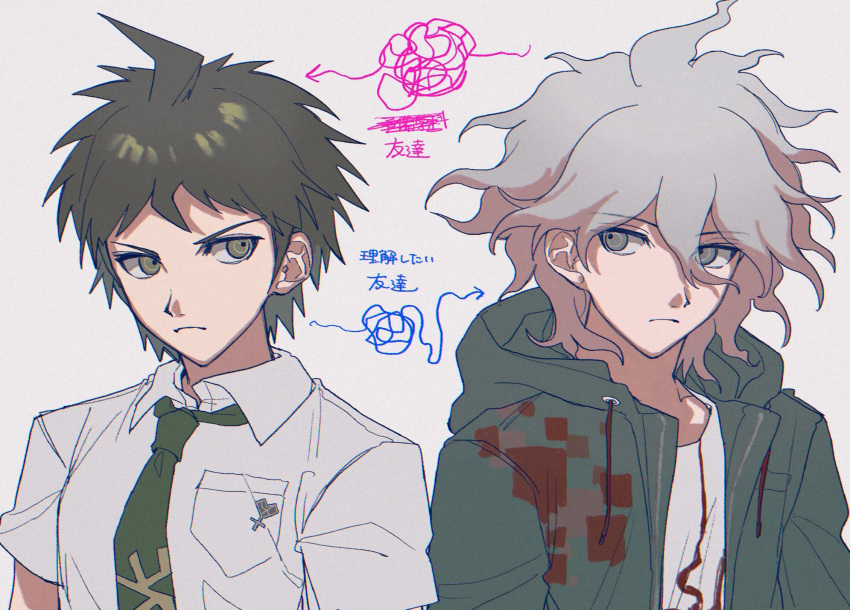 2boys ahoge badge bangs breast_pocket brown_eyes collarbone collared_shirt danganronpa_(series) danganronpa_2:_goodbye_despair eyebrows_visible_through_hair frown green_jacket green_necktie grey_background grey_hair hair_between_eyes harami_(qz48lr) highres hinata_hajime hood hood_down hooded_jacket jacket komaeda_nagito male_focus medium_hair multiple_boys necktie open_clothes open_jacket pocket print_shirt shiny shiny_hair shirt short_hair short_sleeves simple_background translation_request white_shirt