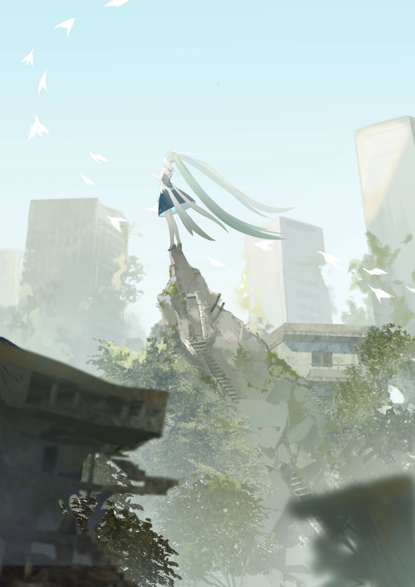 1girl absurdly_long_hair bird blue_dress blue_footwear blurry building commentary day depth_of_field dress from_behind hand_up hatsune_miku high_heels highres long_hair meru02295238 outdoors overwatch ruins scenery skyscraper sleeveless sleeveless_dress solo stairs standing train_(clothing) twintails two-sided_fabric two-sided_skirt very_long_hair vocaloid