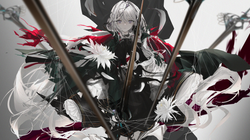 1girl absurdres black_dress closed_mouth commentary dress flower grey_hair hair_ornament highres holding limited_palette long_hair looking_at_viewer narue original red_scarf revision scarf solo spot_color standing sword tagme violet_eyes weapon white_flower white_hair