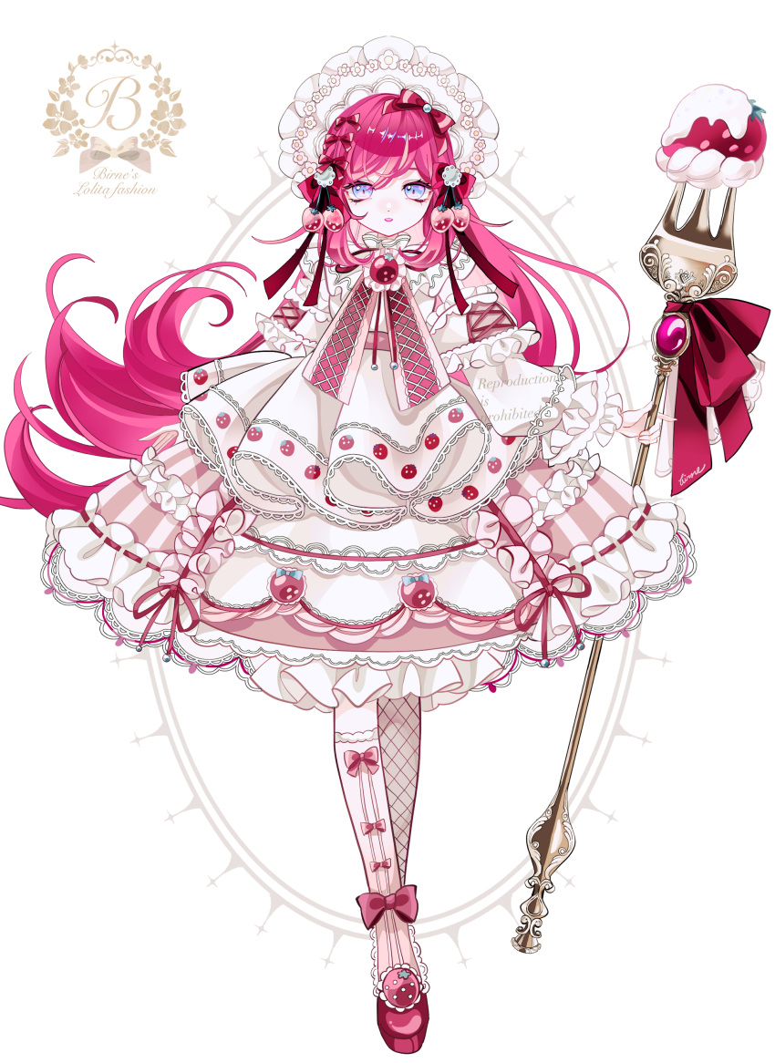 1girl absurdres bonnet dress facing_viewer food fork fruit full_body highres lolita_fashion long_dress long_hair looking_at_viewer mii_(ff96zgrckhox) original oversized_food oversized_object pink_hair shoes solo strawberry thigh-highs violet_eyes white_background