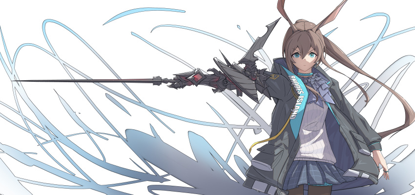 1girl absurdres amiya_(arknights) animal_ears arknights ascot bangs black_jacket black_legwear blue_ascot blue_eyes blue_skirt brown_hair closed_mouth commentary_request eyebrows_visible_through_hair hair_between_eyes highres holding holding_sword holding_weapon hood hood_down hooded_jacket jacket long_hair looking_at_viewer open_clothes open_jacket outstretched_arm pantyhose pleated_skirt ponytail rabbit_ears ribbed_shirt shirt shoshu simple_background skirt solo sword v-shaped_eyebrows very_long_hair weapon white_background white_shirt