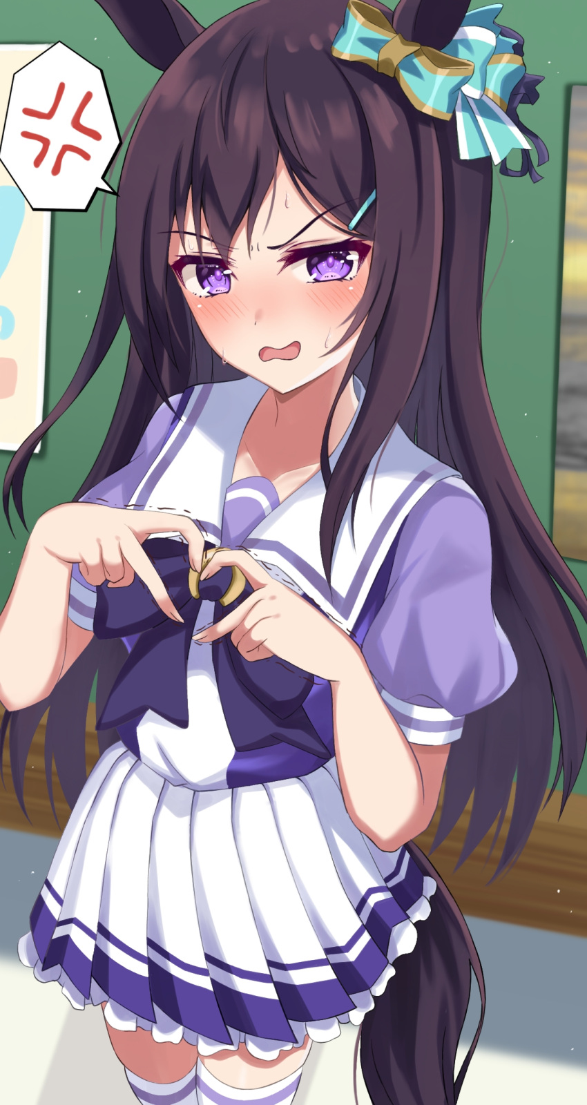 1girl anger_vein animal_ears black_hair collarbone commentary_request crouching_start hair_between_eyes hair_ornament hairclip heart heart_hands highres horse_ears horse_girl horse_tail looking_at_viewer mejiro_dober_(umamusume) open_mouth purple_hair ribbon school_uniform solo tail translation_request umamusume violet_eyes