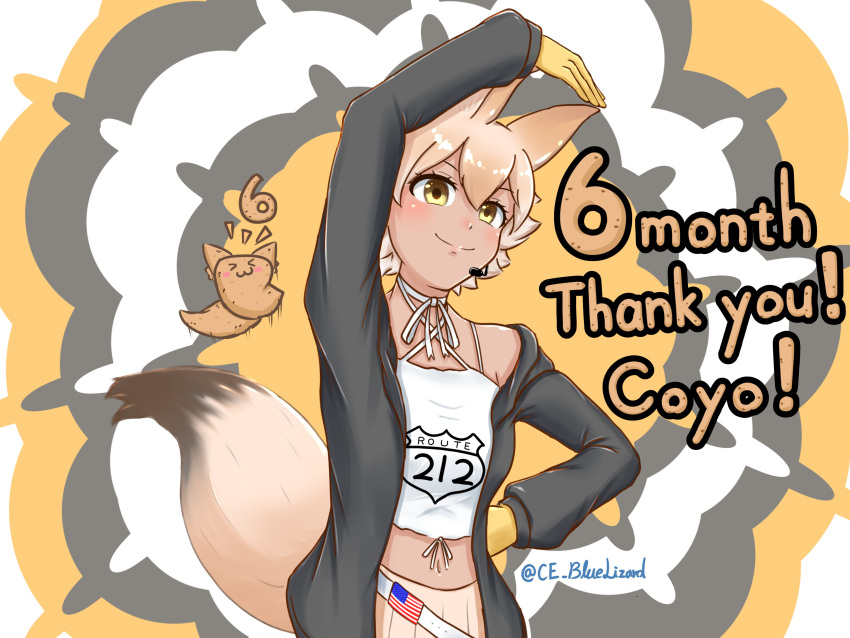 1girl absurdres animal_costume animal_ear_fluff animal_ears black_jacket blonde_hair ce_bluelizard choker closed_mouth coyopotato coyote_(kemono_friends) coyote_ears coyote_girl coyote_tail gloves highres jacket kemono_friends kemono_friends_v_project looking_at_viewer microphone multicolored_hair open_clothes open_jacket shirt short_hair skirt smile solo standing tail virtual_youtuber yellow_eyes