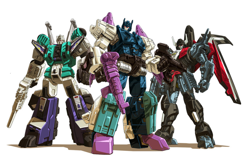 clenched_hand commission decepticon english_text gun head_tilt holding holding_gun holding_weapon looking_at_viewer makoto_ono mecha no_humans overlord_(transformers) science_fiction shadow sixshot_(transformers) sky_shadow standing transformers weapon white_background