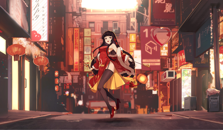 1girl :d absurdres ad alternate_costume balcony banner bare_shoulders billboard black_hair black_legwear branch brown_eyes building china_dress chinese_clothes chinese_commentary chinese_new_year city coat commentary door dress eyebrows_behind_hair eyeshadow floating full_body fur-trimmed_coat fur_trim happy_new_year high_heels highres holding holding_branch holding_lantern houraisan_kaguya jeweled_branch_of_hourai lantern long_hair looking_at_viewer makeup open_mouth outdoors paper_lantern red_coat red_dress red_footwear road sidelocks sidewalk sleeveless sleeveless_dress smile solo street teeth thigh-highs touhou upper_teeth very_long_hair wb_yimo window