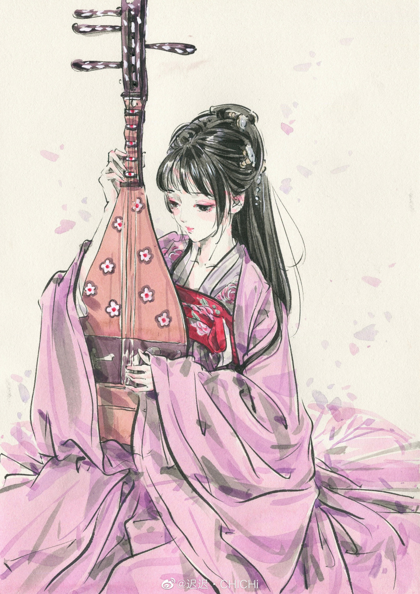 1girl absurdres black_hair chichi_chichi closed_mouth dress falling_petals hair_ornament hair_strand highres instrument long_hair looking_to_the_side music original painting_(medium) petals pink_dress pipa_(instrument) playing_instrument sitting solo traditional_media