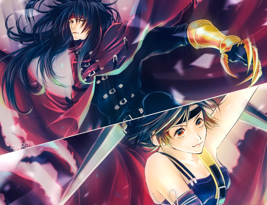 1boy 1girl belt black_hair clawed_gauntlets cloak dirge_of_cerberus_final_fantasy_vii final_fantasy final_fantasy_vii headband highres long_hair messy_hair red_eyes s_hitorigoto3 short_hair shuriken vincent_valentine weapon yuffie_kisaragi