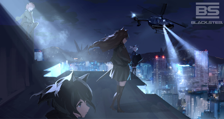 4girls aircraft animal_ears arknights black_legwear black_shirt black_steel_logo blonde_hair blue_eyes blue_jacket blue_skirt brown_eyes brown_hair brown_legwear building cat_ears cityscape closed_mouth clouds commentary dragon_horns fox_ears franka_(arknights) frown green_jacket grey_eyes grey_hair grey_skirt helicopter highres holding holding_shield horns jacket jessica_(arknights) liskarm_(arknights) looking_afar looking_at_another multiple_girls on_roof outdoors pantyhose ponytail searchlight shield shirt shoes skirt sky skyscraper thigh-highs vanilla_(arknights) wb_yimo yellow_eyes