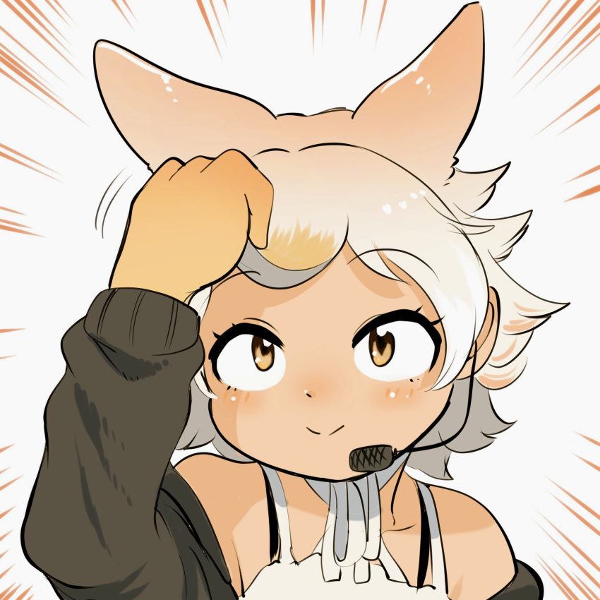 1girl animal_costume animal_ear_fluff animal_ears black_jacket blonde_hair choker closed_mouth coyote_(kemono_friends) coyote_ears coyote_girl coyote_tail gloves highres jacket kemono_friends kemono_friends_v_project mcgunngu microphone multicolored_hair open_clothes open_jacket shirt short_hair sleeveless solo virtual_youtuber yellow_eyes yellow_gloves