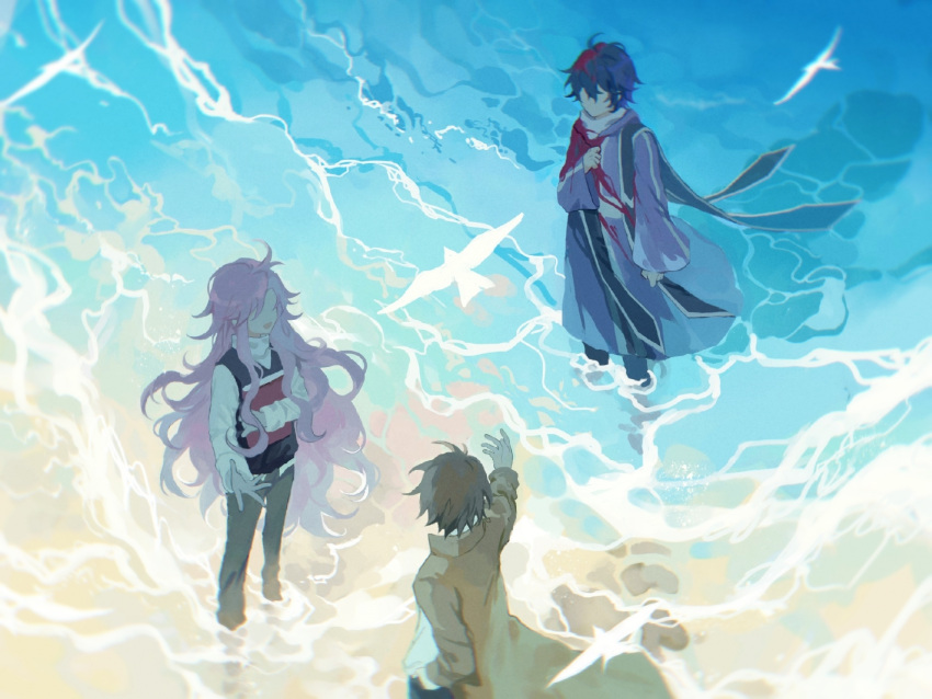 3boys beach bird black_pants black_stole black_vest blood blood_in_hair blue_hair blue_pants book brown_hair chinese_commentary coat grey_pants harada_minoru hatsutori_hajime hice_hideice highres holding holding_book long_hair long_sleeves multiple_boys notebook ocean open_clothes open_coat open_mouth pants pink_hair reaching_out saibou_shinkyoku sand shirt short_hair smile standing standing_on_liquid stole sweater turtleneck turtleneck_sweater utsugi_noriyuki vest white_bird white_shirt white_sweater yellow_coat