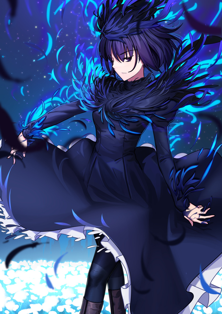 1girl black_dress black_eyes black_feathers black_hair black_legwear brown_footwear closed_mouth commentary_request cqqz0707 dress eyebrows_visible_through_hair feathers field flower flower_field glowing_flower highres juliet_sleeves kuonji_alice long_sleeves looking_at_viewer magic mahou_tsukai_no_yoru night outdoors pantyhose puffy_sleeves short_hair solo white_flower