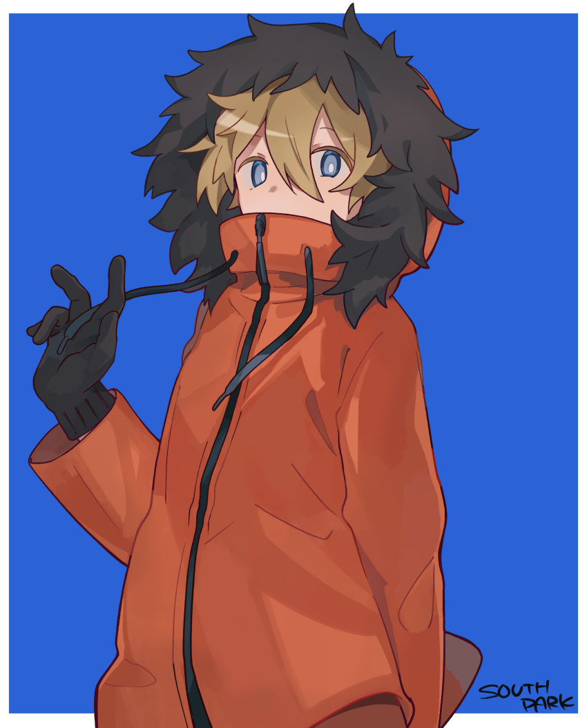absurdres arm_behind_back blue_background blue_eyes brown_hair coat copyright_name gloves highres hood hood_up kenny_mccormick looking_at_viewer parka short_hair simple_background solo south_park toukashi_(2tou9)