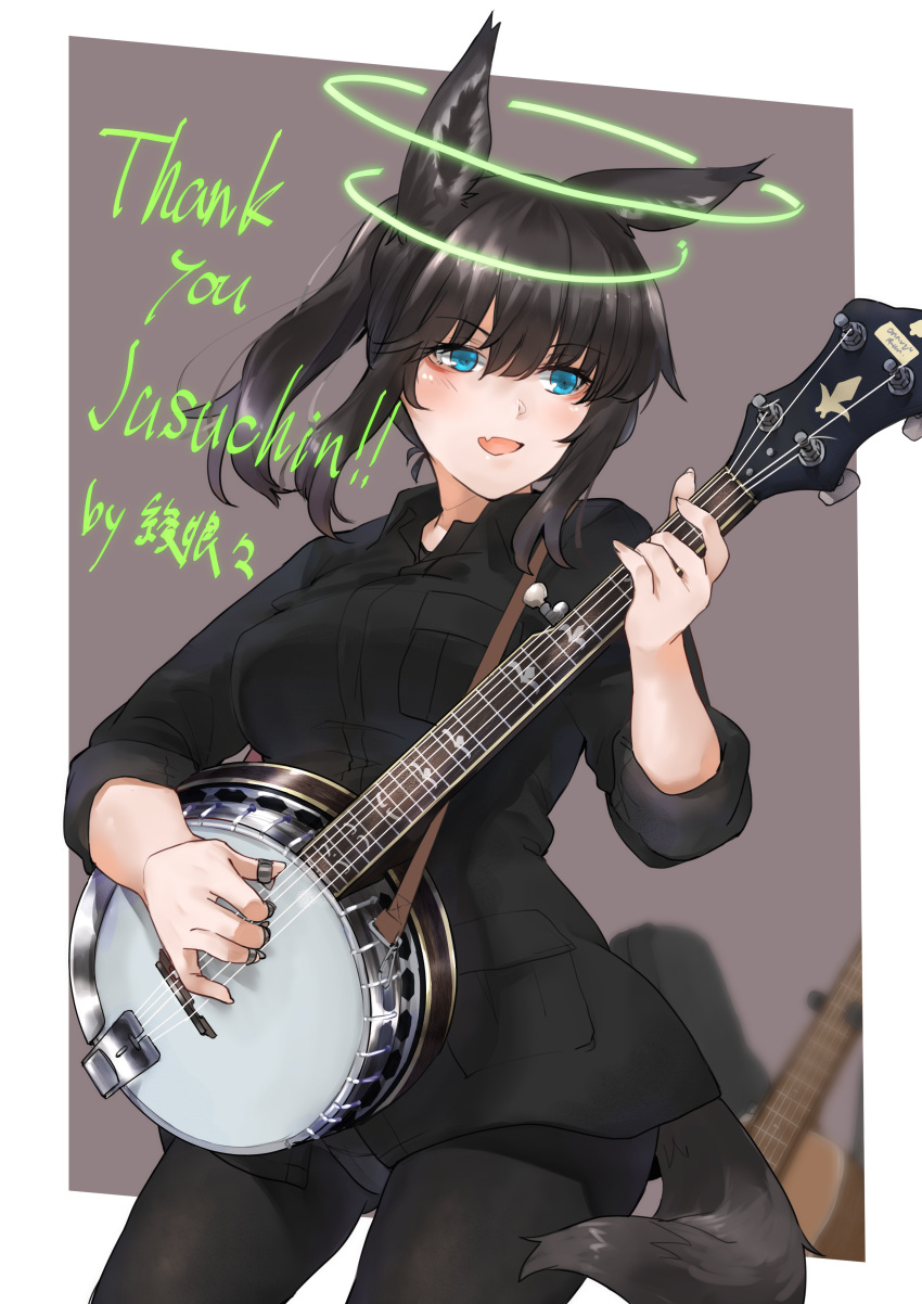 1girl absurdres animal_ears ayyh banjo black_hair black_legwear blue_eyes breasts commission commissioner_upload dima_turchin eyebrows_visible_through_hair fang guitar highres instrument long_hair music open_mouth panties panties_under_pantyhose pantyhose playing_instrument ponytail sidelocks signature skeb_commission skin_fang smile strike_witches_1991 tail underwear world_witches_series