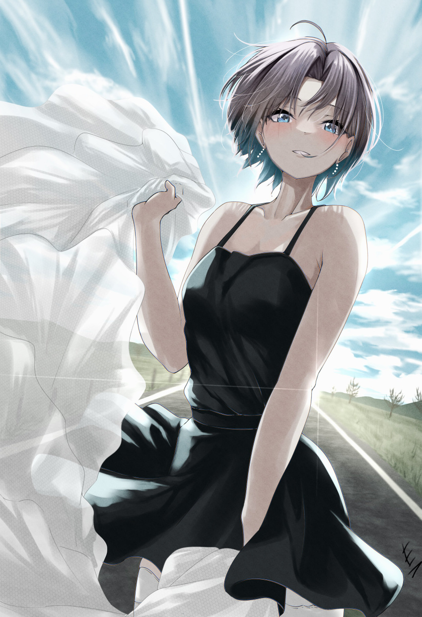 1girl absurdres ahoge asakura_toru black_dress blue_sky blush clouds collarbone dress earrings end_mha field highres holding holding_clothes holding_dress idolmaster idolmaster_shiny_colors jewelry light_purple_hair looking_at_viewer road short_hair sky sleeveless sleeveless_dress smile solo sunlight