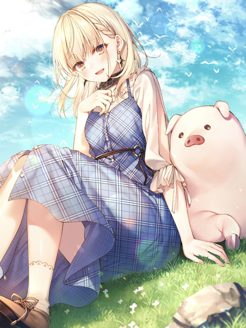 1girl :d bangs bird blonde_hair blue_dress blue_sky blush braid brown_footwear buta_no_liver_wa_kanetsu_shiro checkered_clothes checkered_dress clouds cloudy_sky cover_image day dress earrings flock hand_up highres jess_(buta_no_liver_wa_kanetsu_shiro) jewelry looking_at_viewer medium_hair novel_illustration official_art on_grass open_mouth outdoors pig plaid plaid_dress red_eyes second-party_source shirt shoes sitting sky smile socks solo textless_version toosaka_asagi unmoving_pattern white_legwear white_shirt