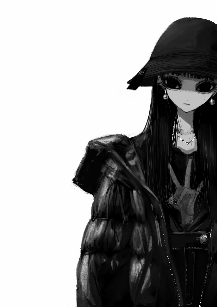 1girl bangs blunt_bangs closed_mouth down_jacket earrings greyscale hat highres jacket jewelry long_hair looking_at_viewer mole mole_under_eye monochrome narue necklace negative_space original print_shirt shirt simple_background solo white_background