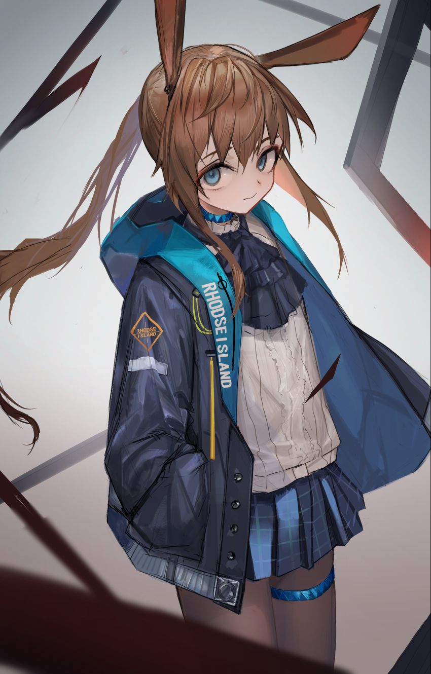 1girl absurdres amiya_(arknights) animal_ears arknights ascot bangs black_ascot black_coat blue_choker blue_eyes blue_skirt brown_legwear choker closed_mouth clothes_writing coat cowboy_shot eyebrows_behind_hair gradient gradient_background grey_background hands_in_pockets henginnnnnn highres hood hood_down hooded_coat looking_at_viewer miniskirt open_clothes open_coat pantyhose plaid plaid_skirt pleated_skirt ponytail rabbit_ears shirt sidelocks skirt solo thighlet white_shirt