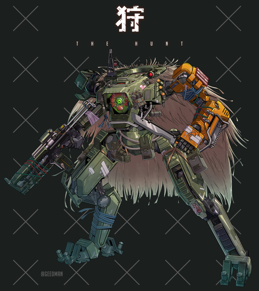 black_background chainsaw english_commentary glowing glowing_eye green_eyes gun highres holding holding_gun holding_weapon looking_at_viewer mecha no_humans one-eyed original peyton_gee science_fiction solo weapon