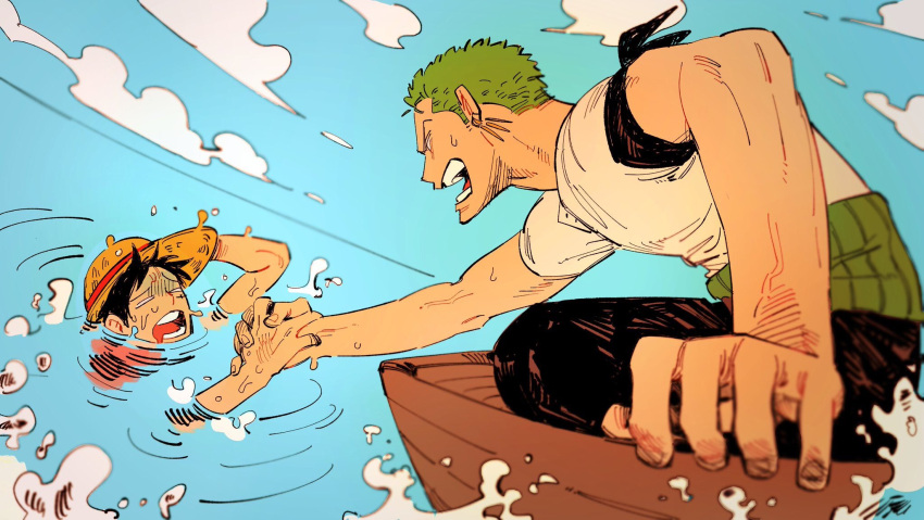 2boys dam_(okdam3) grabbing green_hair haramaki hat highres holding_hands male_focus monkey_d._luffy multiple_boys ocean one_piece open_mouth outdoors pulling roronoa_zoro short_sleeves