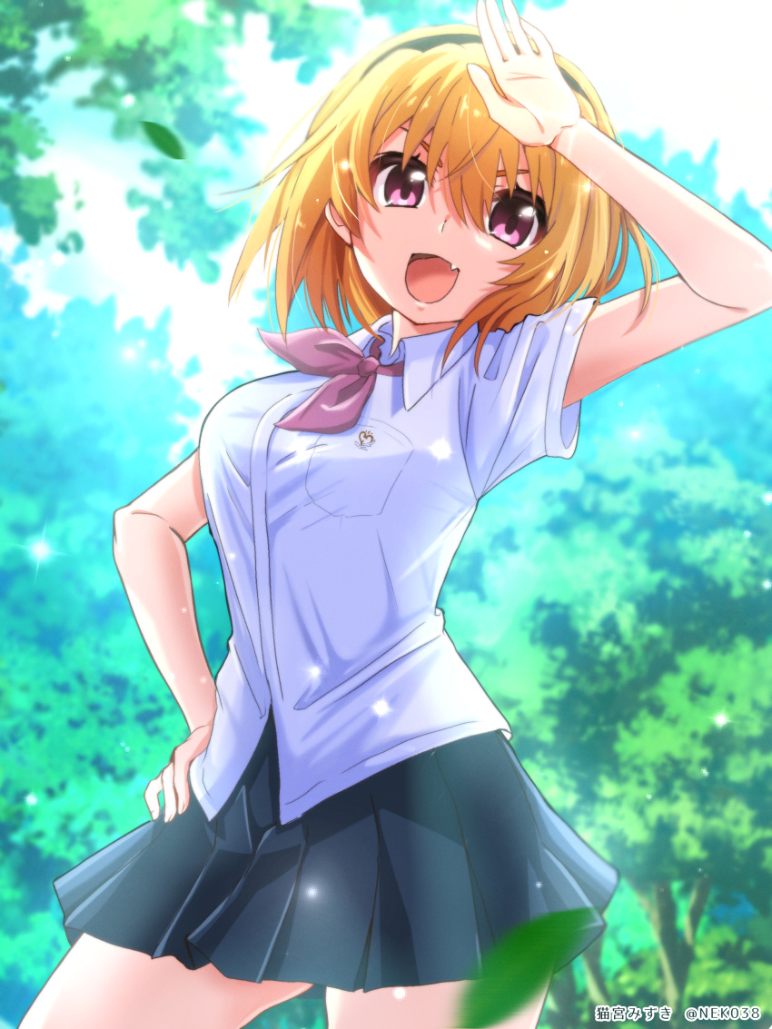 1girl :d absurdres arm_up bangs black_hairband black_skirt blonde_hair blurry blurry_background blurry_foreground bow bowtie collared_shirt day dress_shirt fang hair_between_eyes hairband hand_on_hip highres higurashi_no_naku_koro_ni houjou_satoko looking_at_viewer medium_hair miniskirt mizuno374 outdoors pink_bow pink_bowtie pleated_skirt red_eyes school_uniform shiny shiny_hair shirt short_sleeves skirt smile solo st._lucia_academy_school_uniform v-shaped_eyebrows white_shirt wing_collar