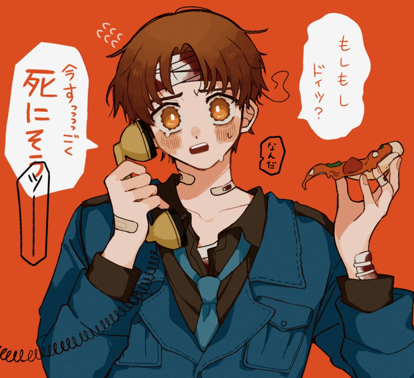 1boy axis_powers_hetalia bandage_on_finger bandages bandaid bandaid_on_neck food furrowed_brow gakudayo injury looking_at_viewer male_focus northern_italy_(hetalia) open_mouth orange_background phone pizza pizza_slice solo sweatdrop talking_on_phone