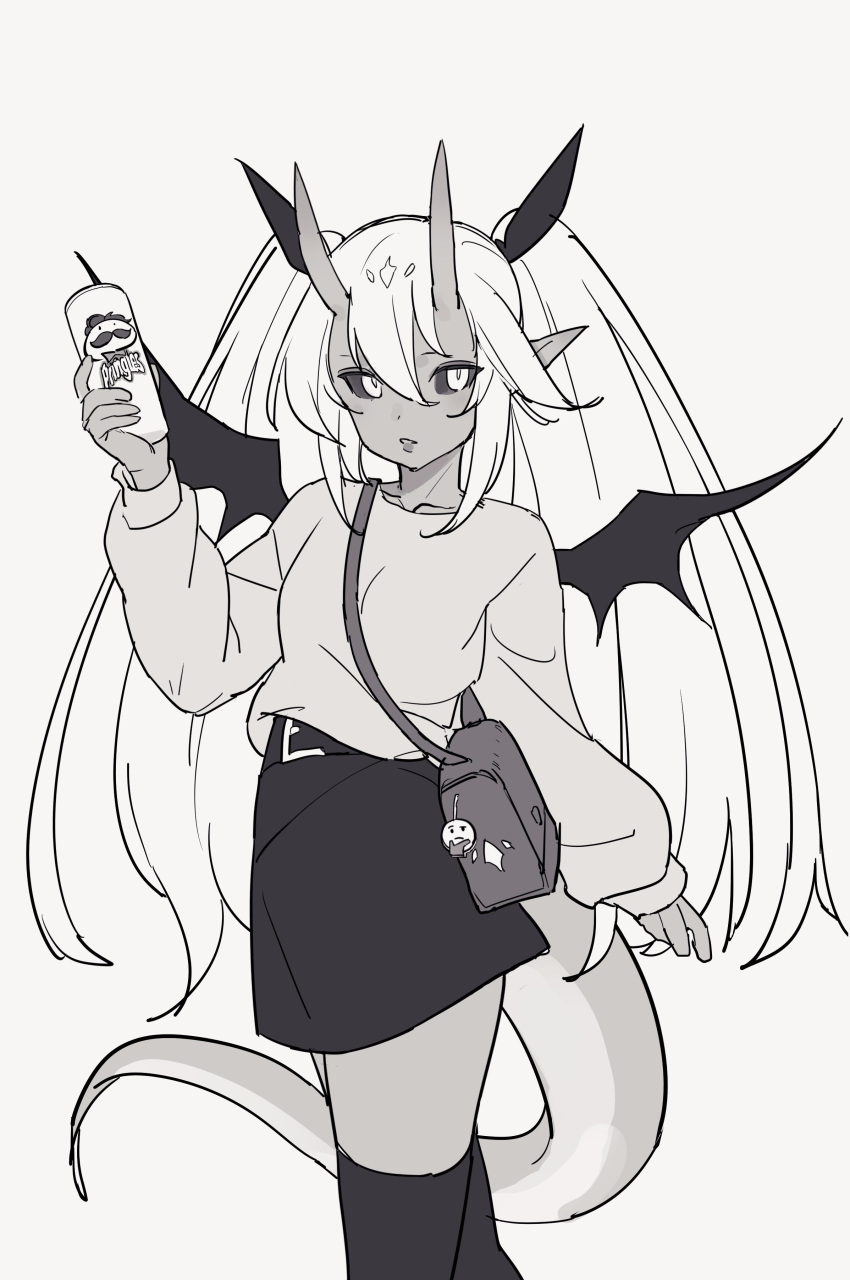 1girl absurdres bag belt black_sclera bow colored_sclera demon_girl emoji greyscale hair_between_eyes hair_bow highres holding horns long_hair long_sleeves looking_at_viewer milim_nova miniskirt monochrome monster_girl original parted_lips pointy_ears pringles shoulder_bag simple_background skin-covered_horns skirt solo sweater tail thigh-highs thinking_emoji twintails very_long_hair white_background wings