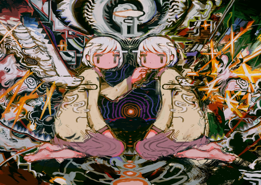 abstract barefoot eyebrows_visible_through_hair feathered_wings hito_(nito563) kishin_sagume kneeling long_sleeves no_mouth purple_skirt red_eyes short_hair single_wing sitting skirt surreal touhou white_hair white_wings wings