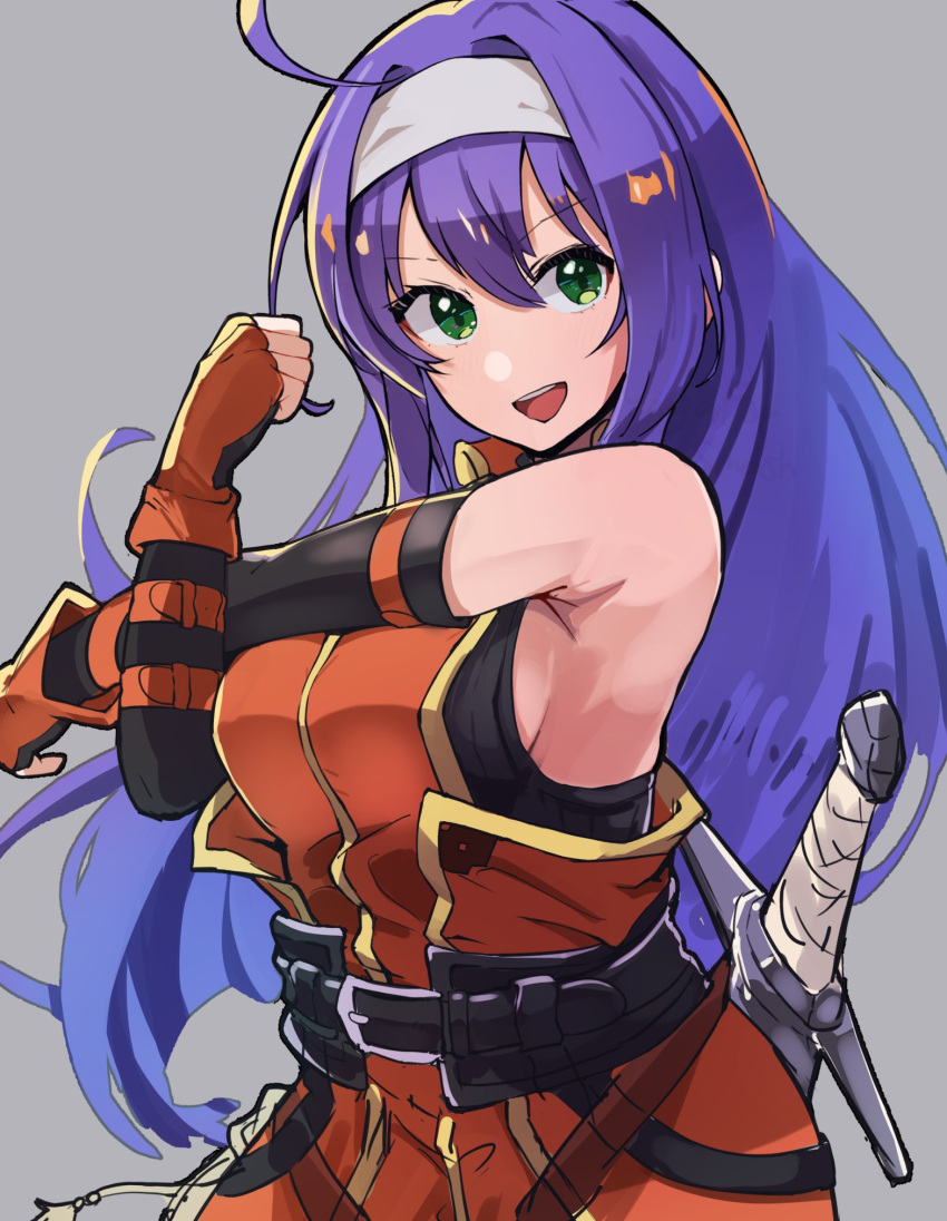 1girl ahoge artist_request bare_shoulders belt blue_hair blush breasts detached_sleeves fingerless_gloves fire_emblem fire_emblem:_path_of_radiance gloves green_eyes hairband headband highres long_hair looking_at_viewer mia_(fire_emblem) open_mouth purple_hair smile solo stretched_limb sword thigh-highs weapon white_hairband