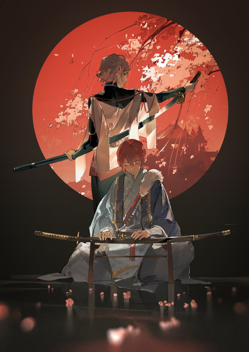 2boys architecture back-to-back bangs beads black_shirt blue_kimono blurry branch building closed_eyes closed_mouth depth_of_field east_asian_architecture ensemble_stars! facing_viewer flower fur_trim hair_between_eyes highres holding holding_sword holding_weapon indoors japanese_clothes kimono long_sleeves looking_at_viewer looking_back male_focus multiple_boys oukawa_kohaku outstretched_arm petals pink_flower plant profile redhead reflective_floor reverse_grip robe round_window sash sheath shirt short_hair shuyu08382645 sitting standing suou_tsukasa sword sword_behind_back tassel unsheathing violet_eyes weapon weapon_stand window