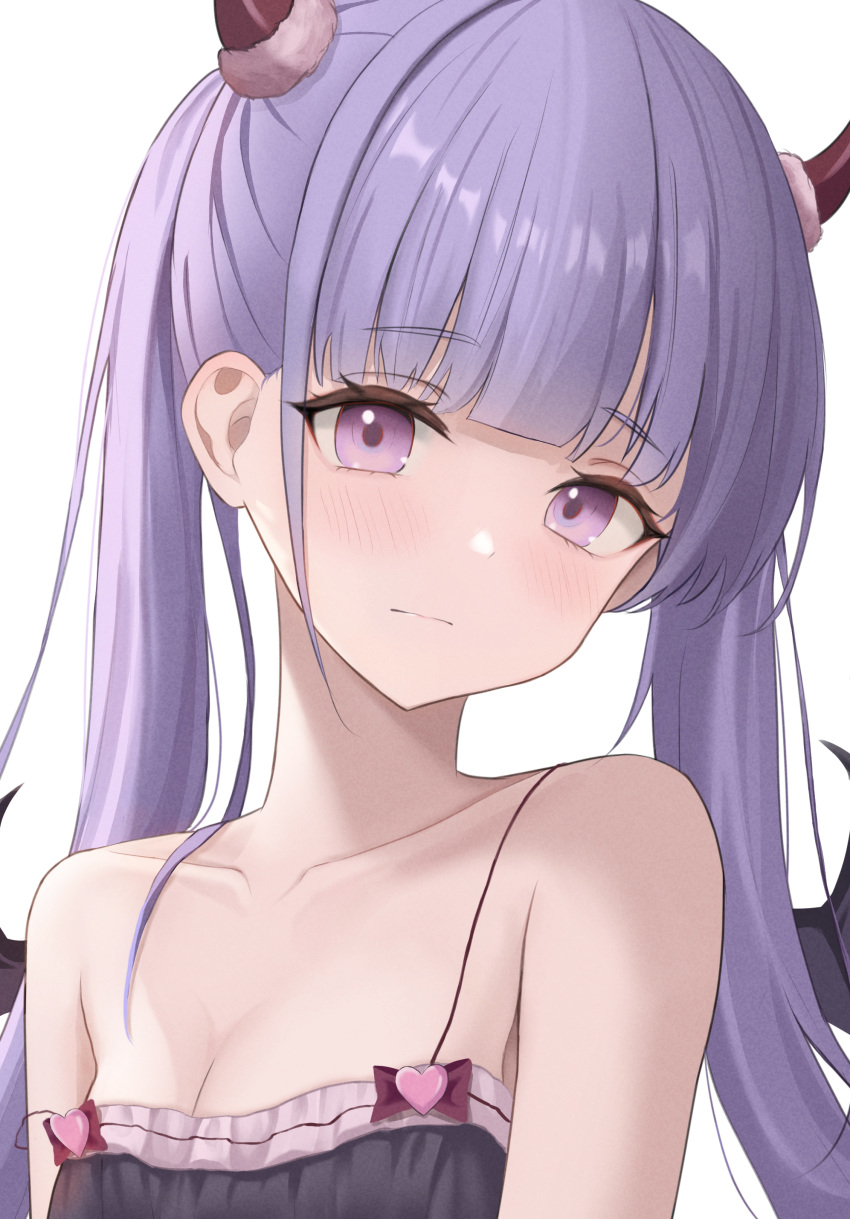 absurdres bangs bare_shoulders black_dress black_wings blunt_bangs blush closed_mouth collarbone cosplay demon_horns demon_wings dress eyebrows_visible_through_hair highres horns long_hair looking_at_viewer new_game! purple_hair simple_background suzukaze_aoba ttusee5 twintails upper_body violet_eyes white_background wings